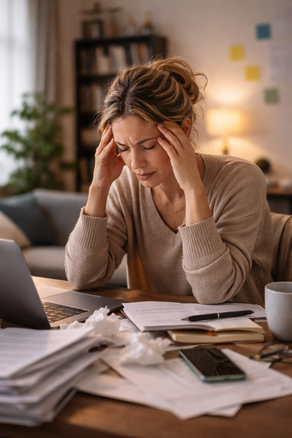 Person experiencing chronic stress while working at a cluttered desk.