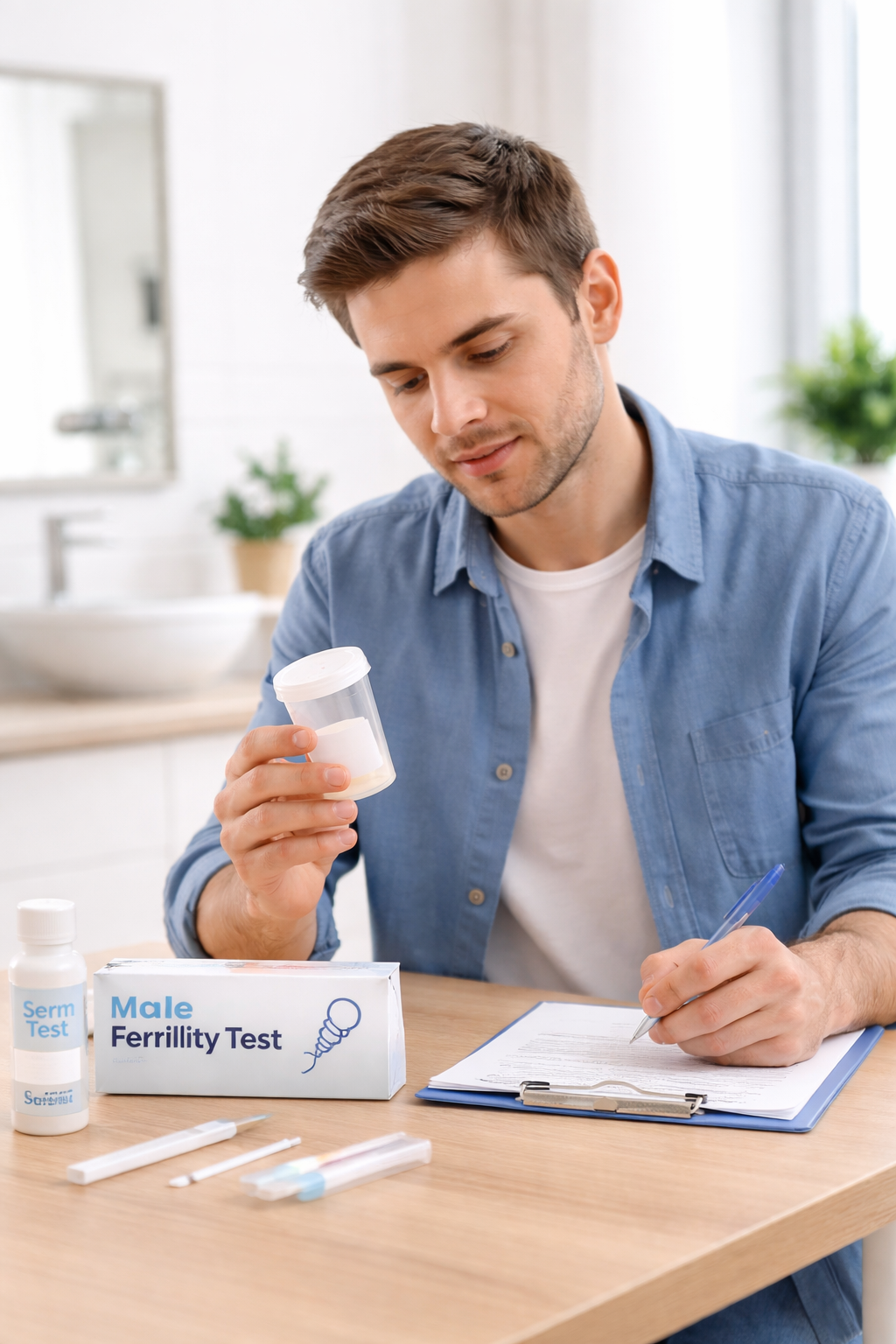 Man reviewing results from an at-home male fertility testing kit.