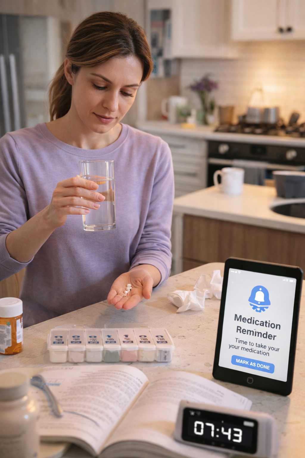 Person following a daily mental health medication routine using reminders and a pill organizer.