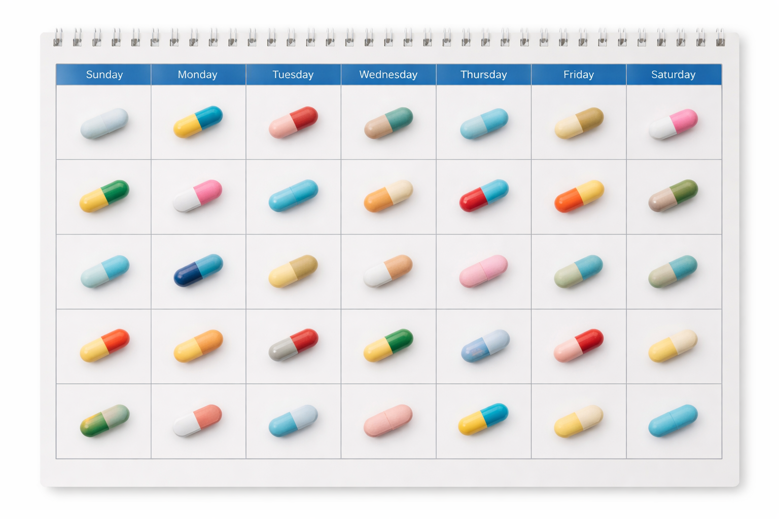 Monthly calendar illustrating daily mental health medication adherence and treatment consistency.
